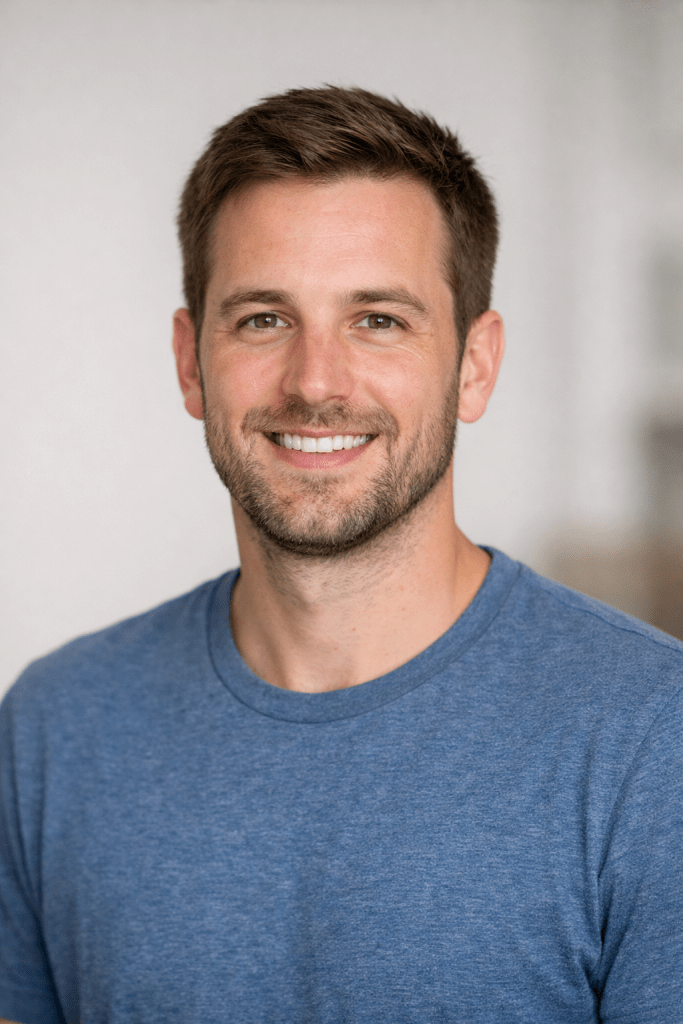 Smiling man with short brown hair and beard wearing blue t-shirt