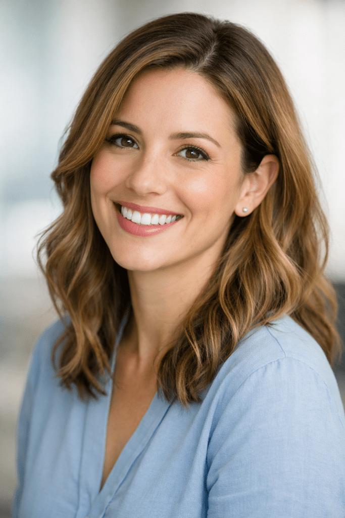 Smiling woman with light brown hair wearing a light blue top